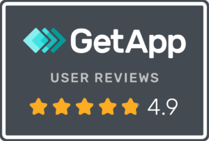 Getapp logo with 'user reviews' and a 4. 9 rating shown as five orange stars » admin by request » admin by request
