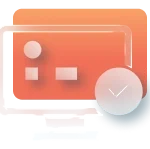 Abstract illustration of overlapping orange screens and a large checkmark badge, symbolizing approval or completion. » admin by request » admin by request