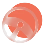 Orange circular abstract icon with a curved band and small central dot, reminiscent of a steering wheel. » admin by request » admin by request