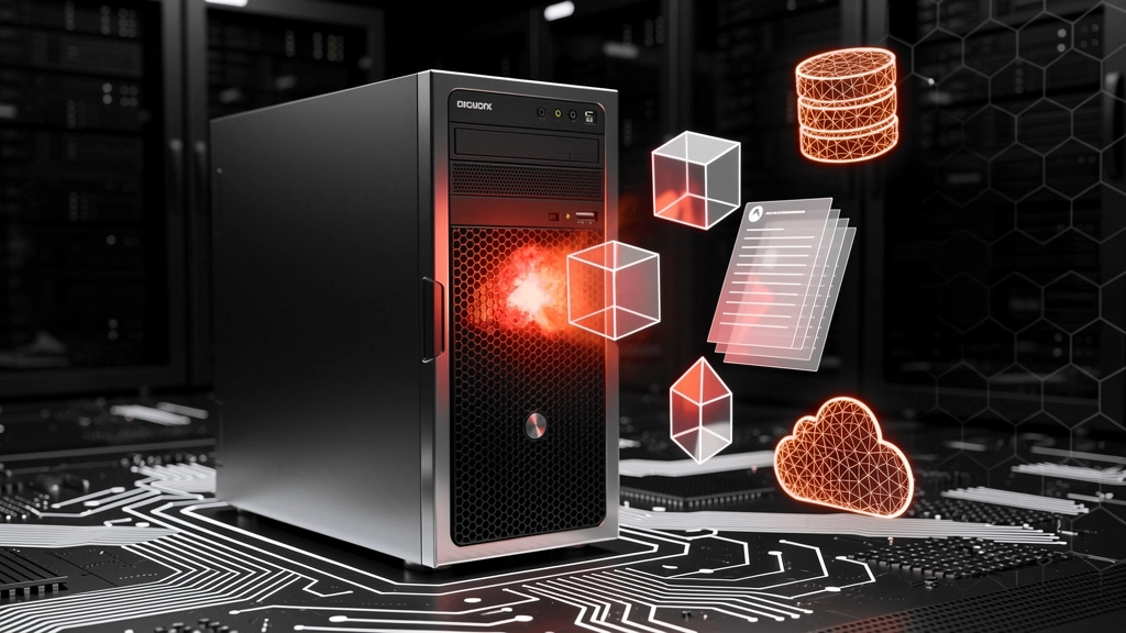 Inline-1 » admin by request Black server tower in a data center with a red glow and floating neon icons representing database, data blocks, documents, and cloud storage. » admin by request