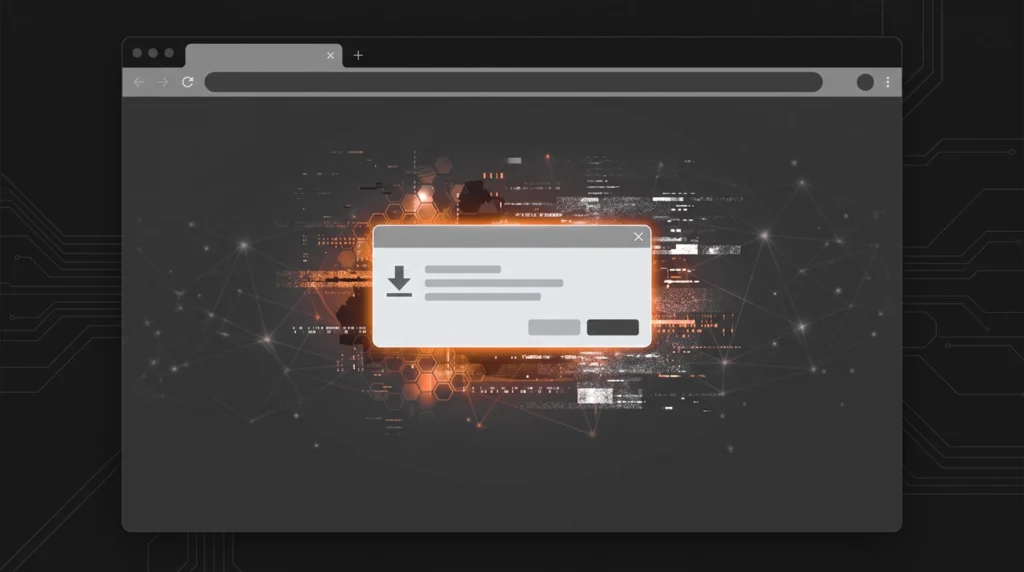 Dark browser window with a glowing download dialog in the center, surrounded by circuit-like background lines. » admin by request