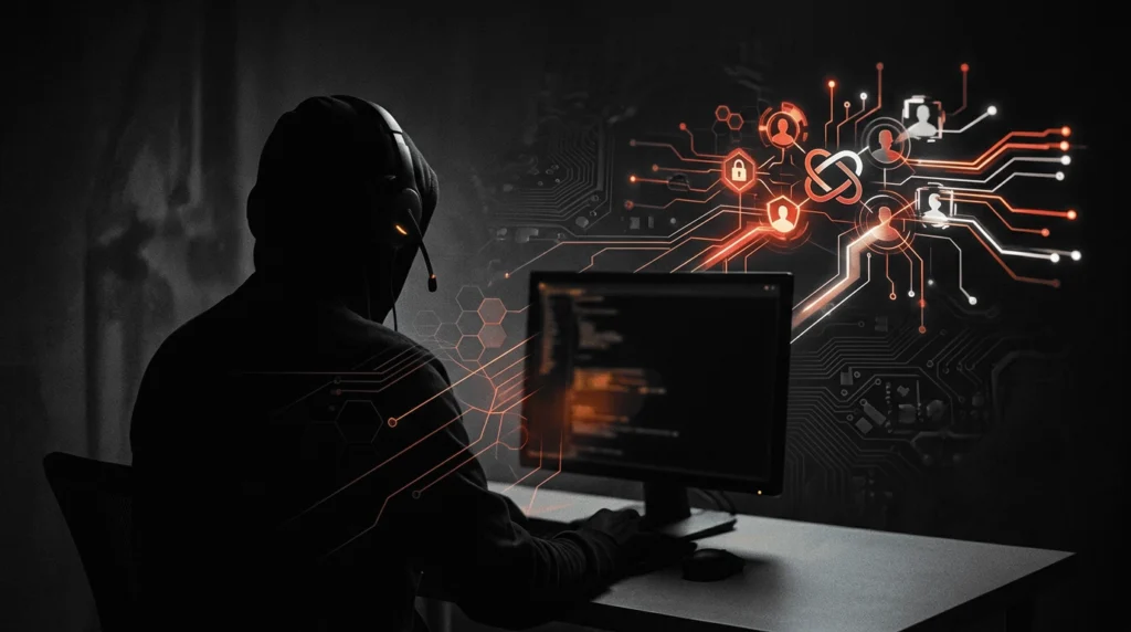 Silhouette of a person wearing a hoodie and headset at a desk, with glowing red circuit graphics in the background, suggesting cybersecurity work. » admin by request