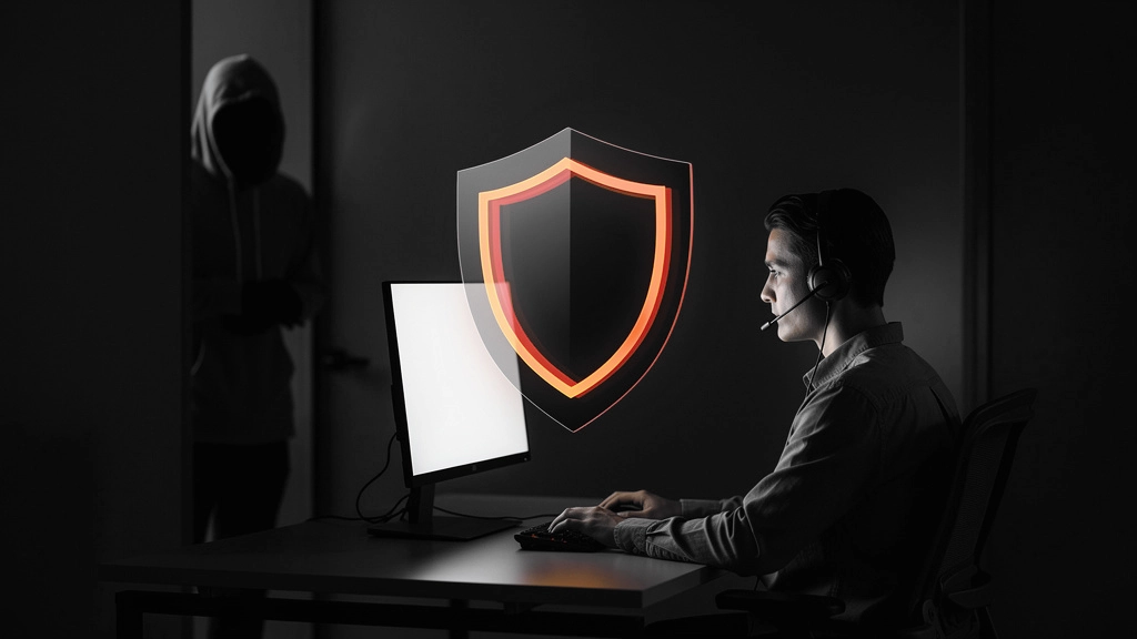 Man with headset at a computer; glowing shield icon represents cybersecurity, with a hooded figure in the dark doorway. » admin by request