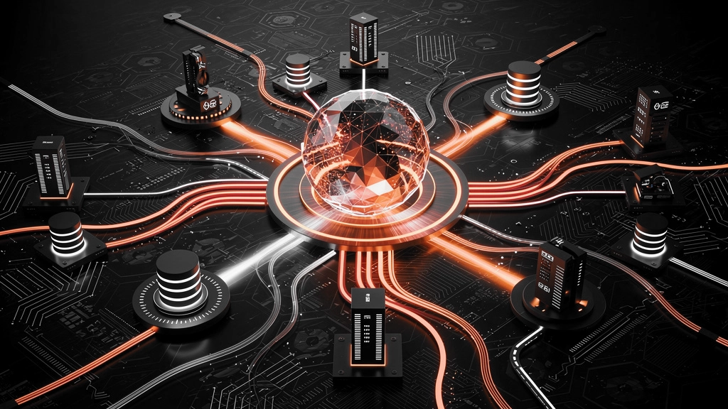 Inline-2 » admin by request Futuristic data network hub with a glowing glass sphere at the center, connected by orange and white cables to server-like modules on a dark circuit-board background. » admin by request