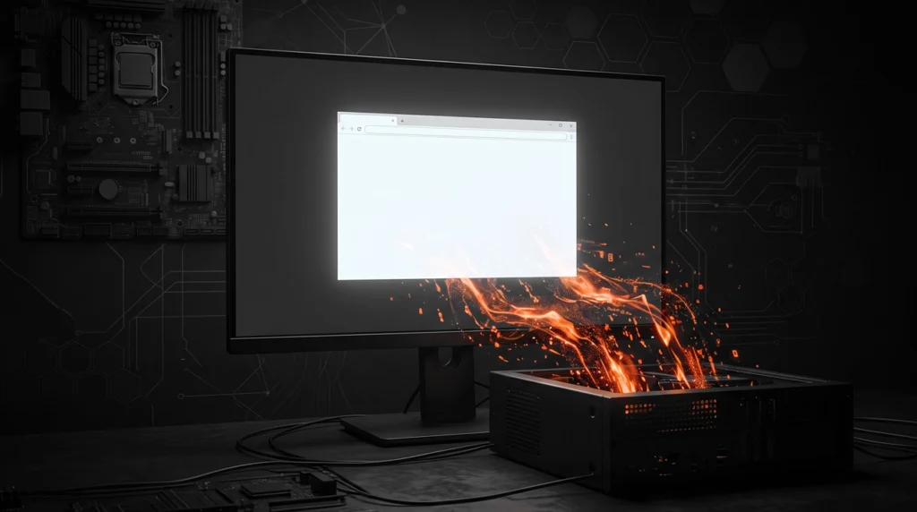Desktop computer with a monitor; flames erupt from the pc case, signaling hardware failure or overheating. » admin by request