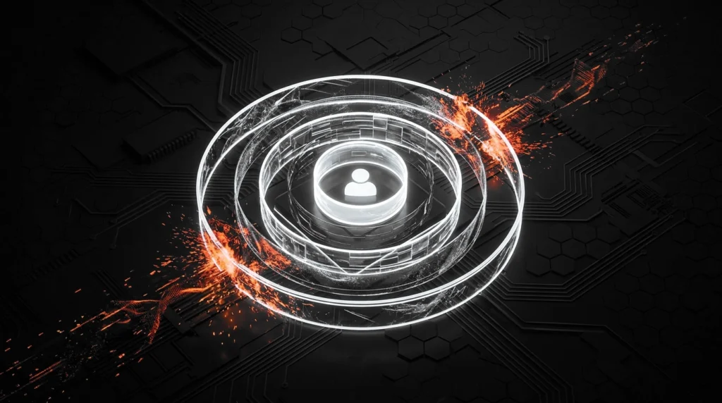 Futuristic circular hub with a glowing user silhouette at the center, representing authentication or user access. » admin by request
