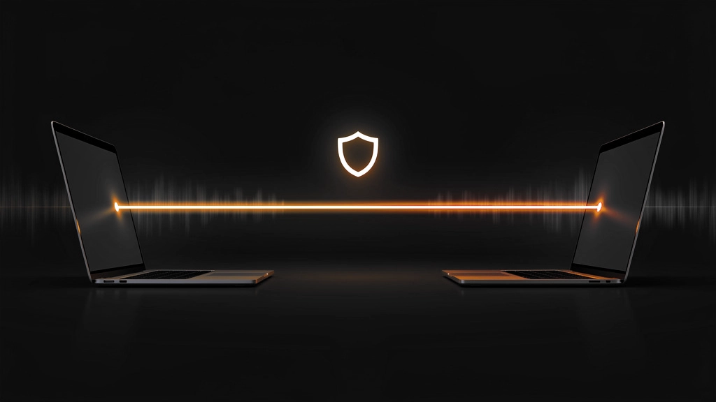 Two laptops facing each other connected by a glowing orange line, with a shield icon above, signaling online security between devices. » admin by request