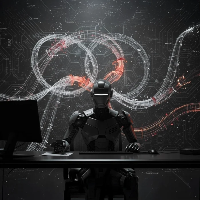 Humanoid black robot seated at a desk with a monitor, keyboard, and papers against a dark, circuit‑themed backdrop. » admin by request
