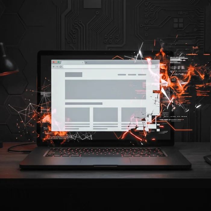 Laptop on a desk with a cracked, fiery digital interface emerging from the screen, symbolizing cyberattack or hacking. Issuing as a visual metaphor for cybersecurity breach. » admin by request