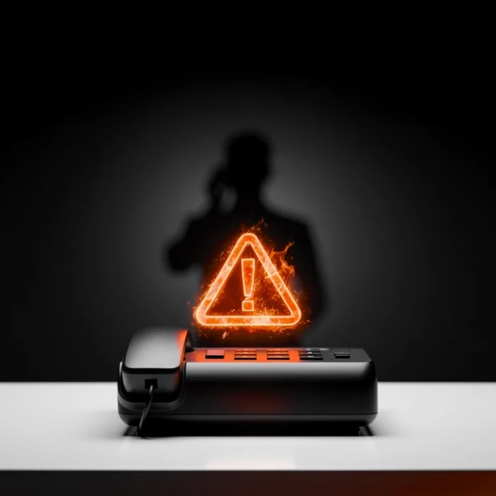 Landline telephone on a desk with a glowing orange warning triangle hovering above it. » admin by request