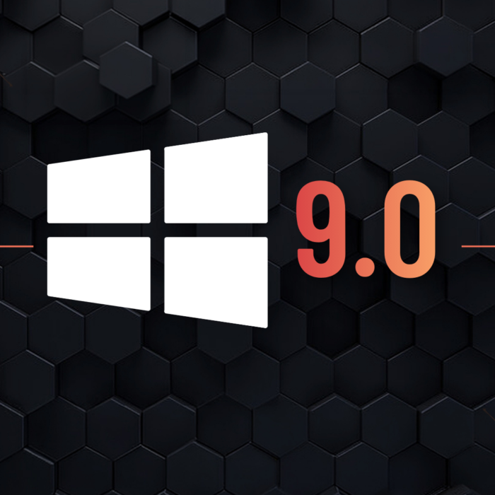 White windows logo beside orange 9. 0 text on a dark hexagonal tech backdrop. » admin by request