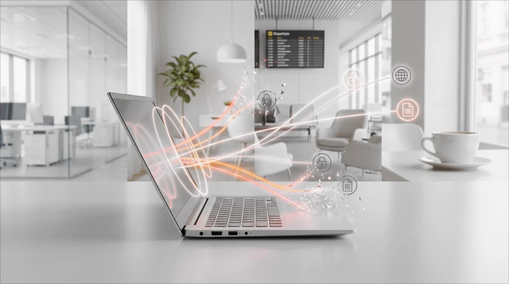 Inline-1 » admin by request Laptop on a white desk emits glowing data streams and security icons across a modern office environment. » admin by request