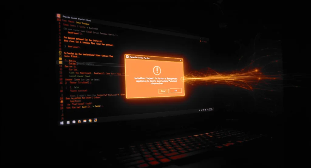 Dark laptop screen showing code with an orange warning/error dialog in the center and orange light trails emanating from the screen, implying a system error or alert. » admin by request