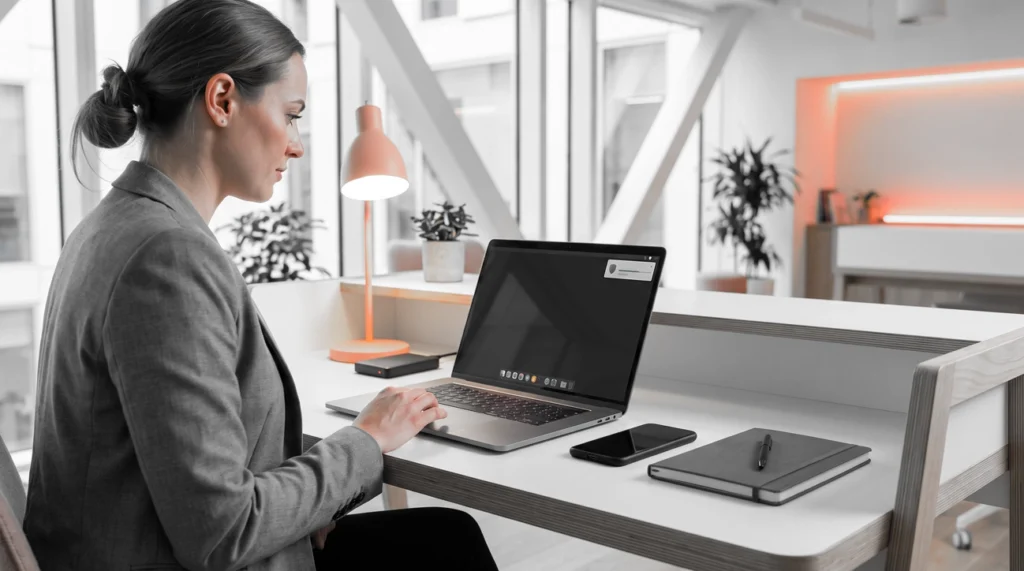 Inline-2 » admin by request Professional woman in a gray blazer working on a laptop at a bright office desk, with a phone and notebook nearby. » admin by request