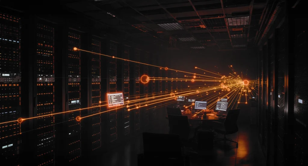 Dark data center with rows of servers and glowing orange data lines streaming between racks and a foreground table of monitors and chairs. |informative: conveys a data transfer visualization inside a server room with a conference setup present in the foreground and neon lines showing network activity. » admin by request