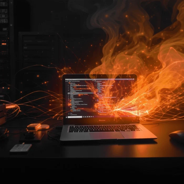 Laptop open on a dark desk with bright orange light trails bursting from the screen, suggesting intense coding or cyber activity. » admin by request