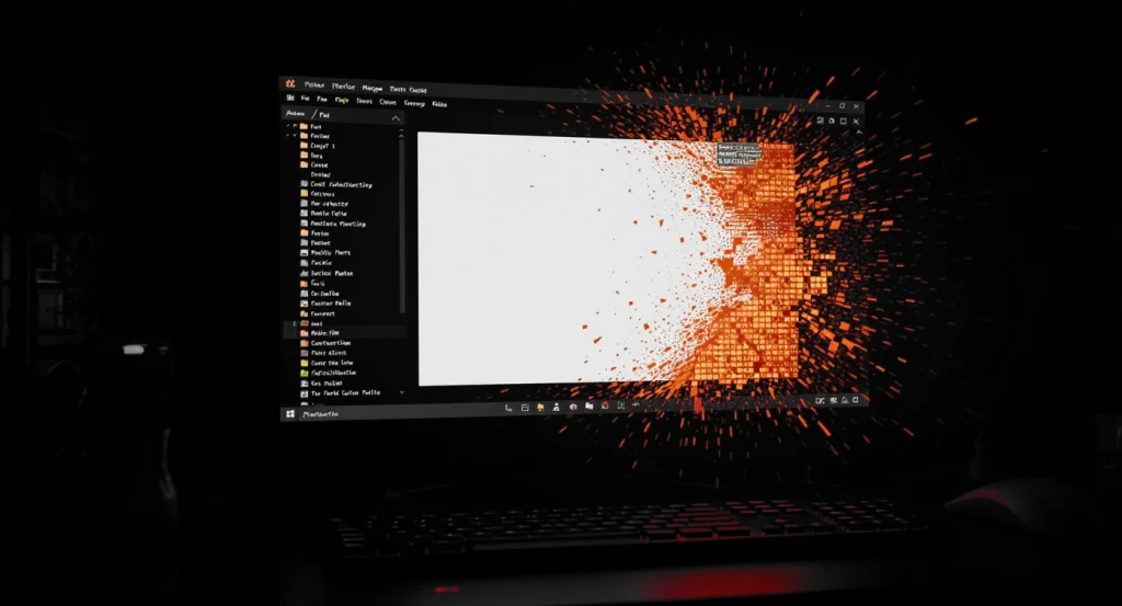 Monitor in a dark room shows a desktop app with an orange particle explosion spilling from the right side onto a white canvas area, creating a dramatic effect. » admin by request