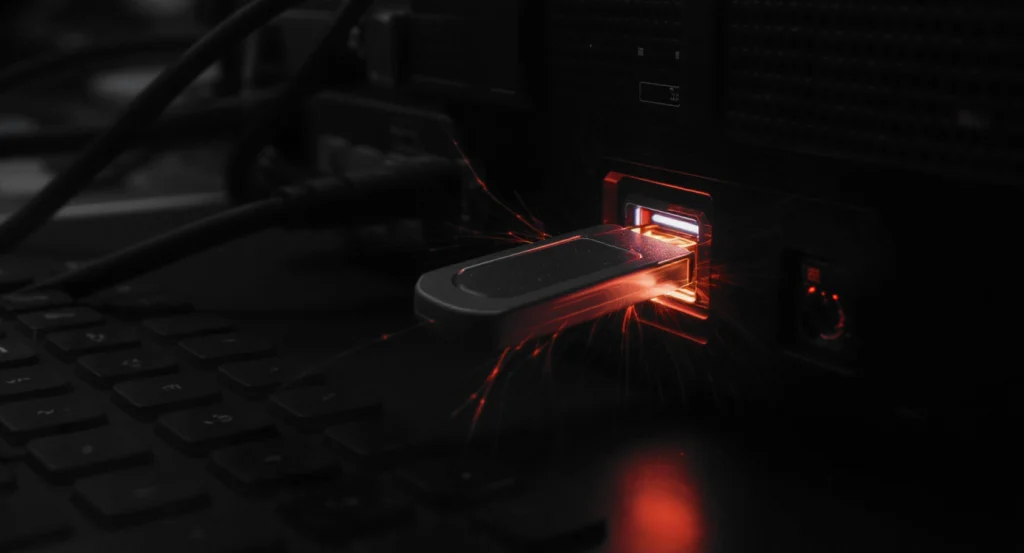Inline-1 » admin by request Usb flash drive plugged into a dark computer port with red sparks and glow. » admin by request