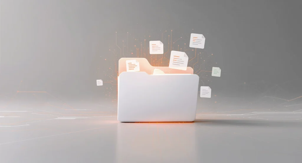 Inline-1 » admin by request White laptop with glowing orange data documents floating above, symbolizing data transfer and cloud storage. » admin by request
