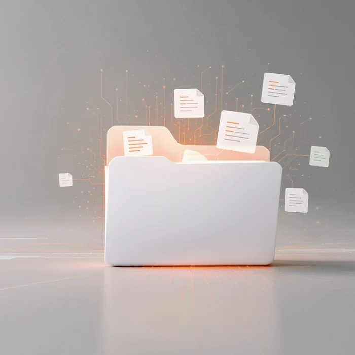 White laptop with glowing orange data documents floating above, symbolizing data transfer and cloud storage. » admin by request