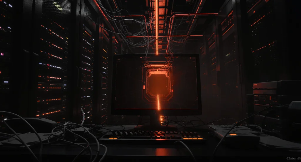Dim data center with rows of servers and orange neon lights framing a glowing monitor on a cluttered desk with tangled cables. » admin by request