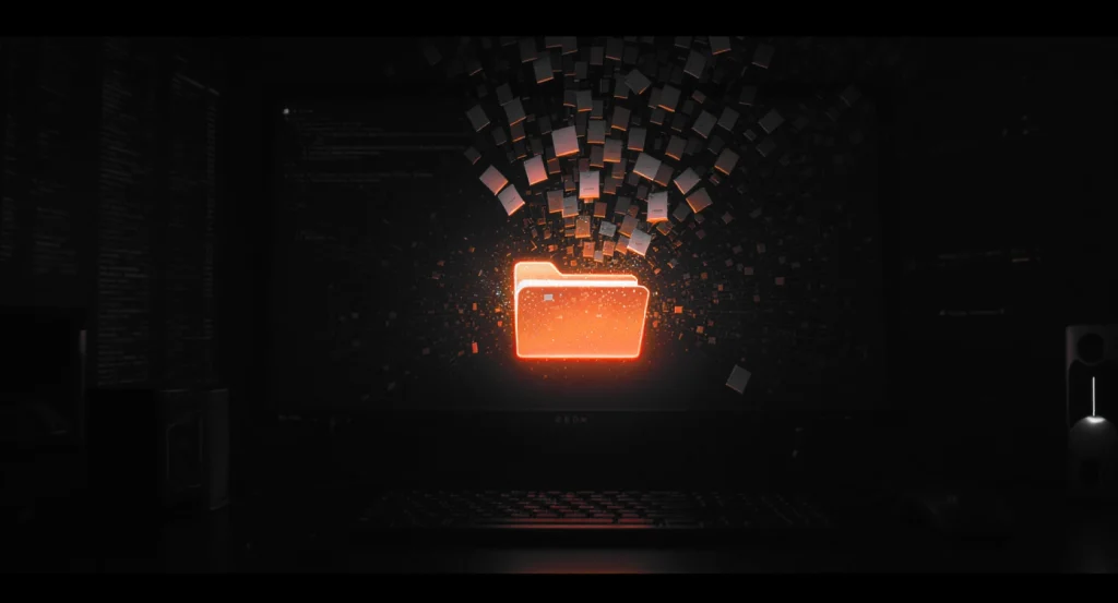 Inline-2 » admin by request Glowing orange file folder on a dark computer monitor with floating cubes around it, suggesting data transfer. » admin by request