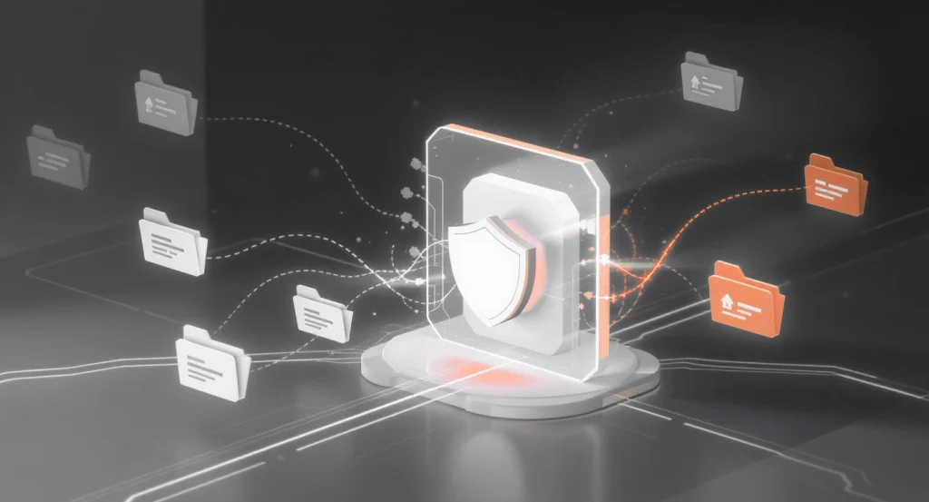 Inline-2 » admin by request Cybersecurity concept: shield inside a glowing barrier with floating folders symbolizing protected data. » admin by request