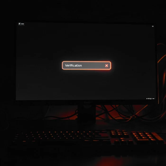 Dark desk setup with a monitor showing a glowing 'verification' progress bar, surrounded by orange rgb pc lighting. » admin by request