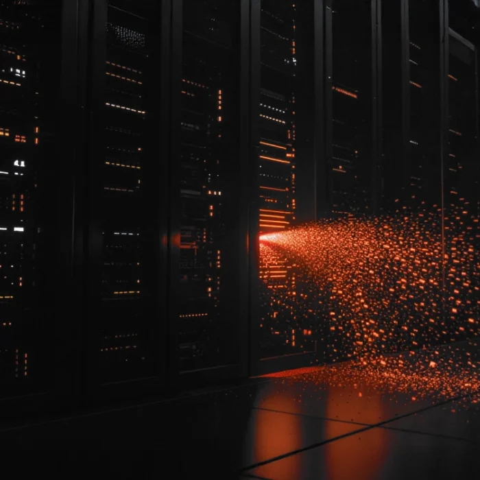 Dark data center with rows of server racks and glowing orange lights; a burst of orange particles streams from a rack toward the floor. » admin by request