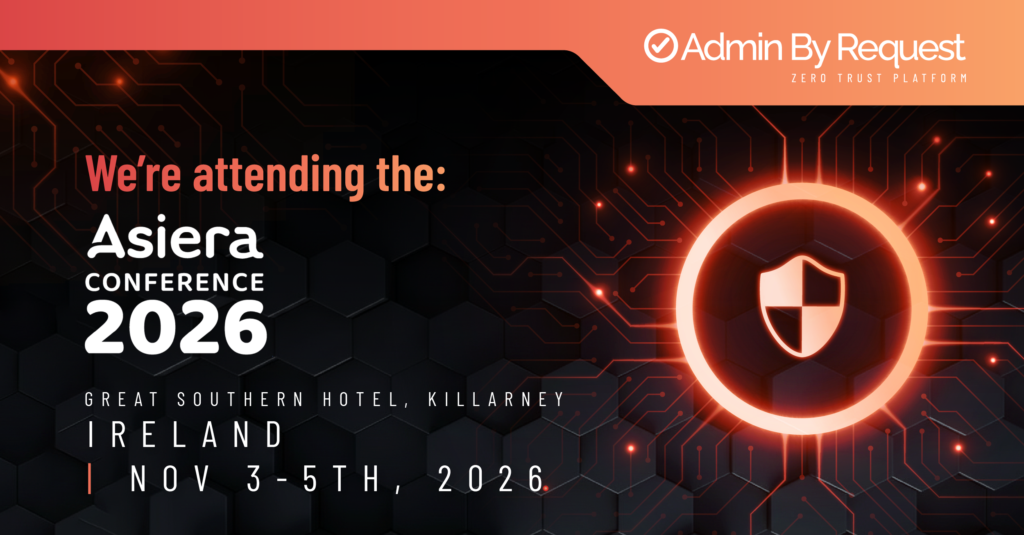 Banner announcing the asiera conference 2026 with ireland, november 3–5, 2026 and the admin by request branding on a tech-pattern background. » admin by request » admin by request
