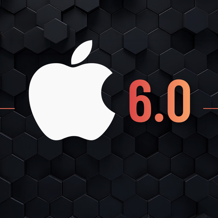 Apple logo with the orange 6. 0 text on a dark hexagonal tech background » admin by request