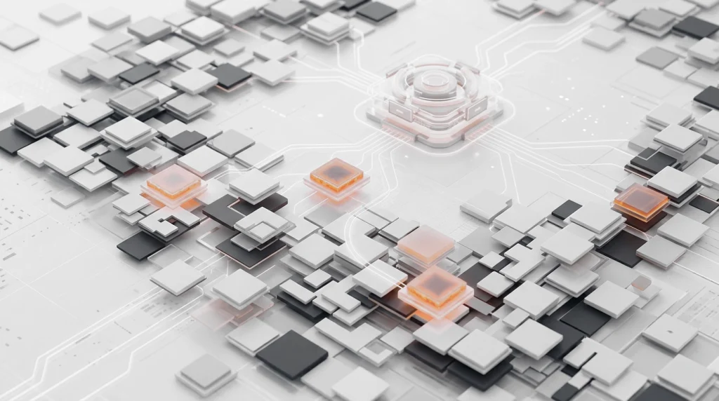 Inline-1 » admin by request Isometric abstract of a microchip network with white/gray cubes and an orange-lit core, symbolizing advanced computing. » admin by request