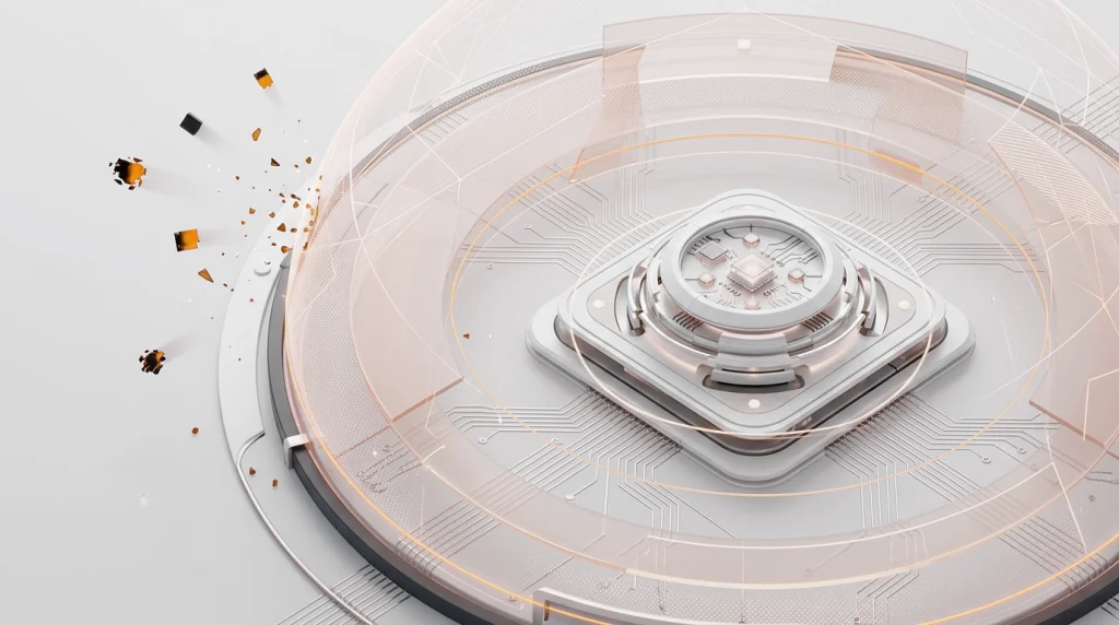Inline-2 » admin by request Abstract 3d illustration of a futuristic circular device atop a layered circuit board with glowing concentric rings around a central processor edge-to-edge on a light background. » admin by request