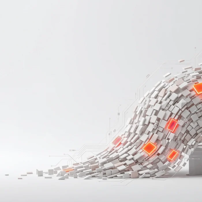 Abstract wave of white cubes and glowing orange nodes flowing toward a desk with a monitor, symbolizing data processing. ﻿ » admin by request