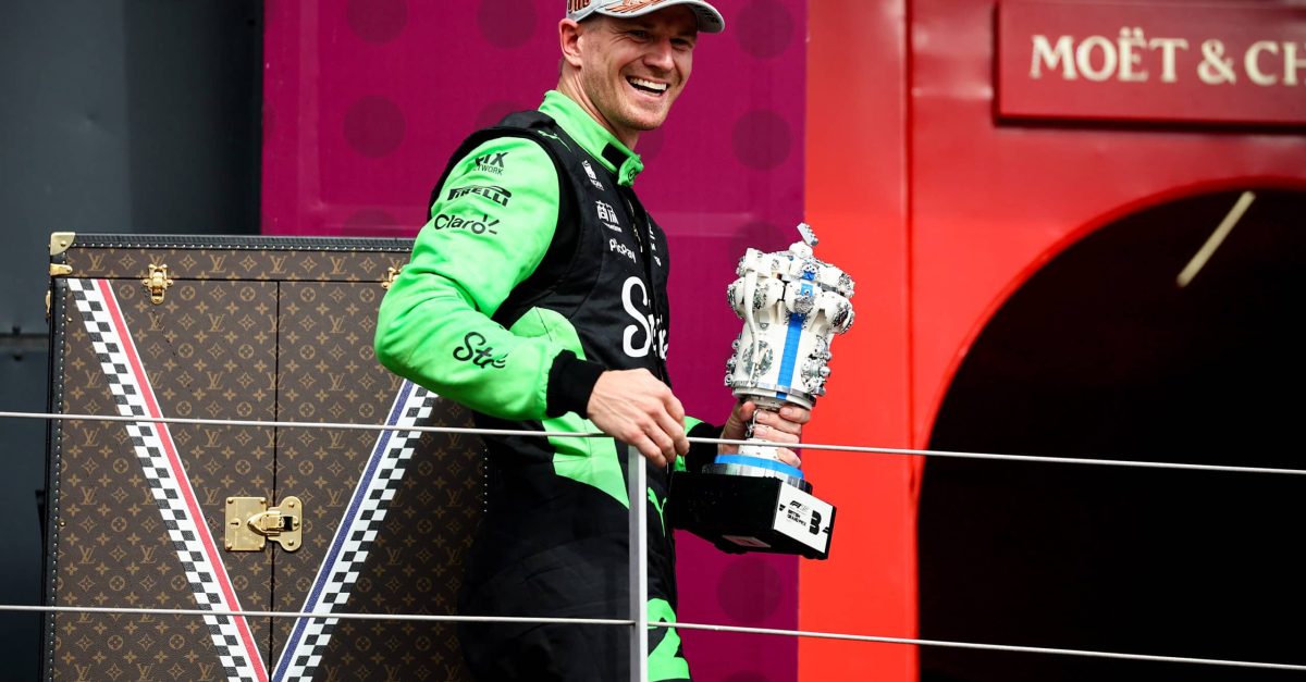 Formula 1 driver Nico Hulkenberg celebrates his career-first podium finish (3rd place) at the 2025 British Grand Prix in Silverstone 2025.