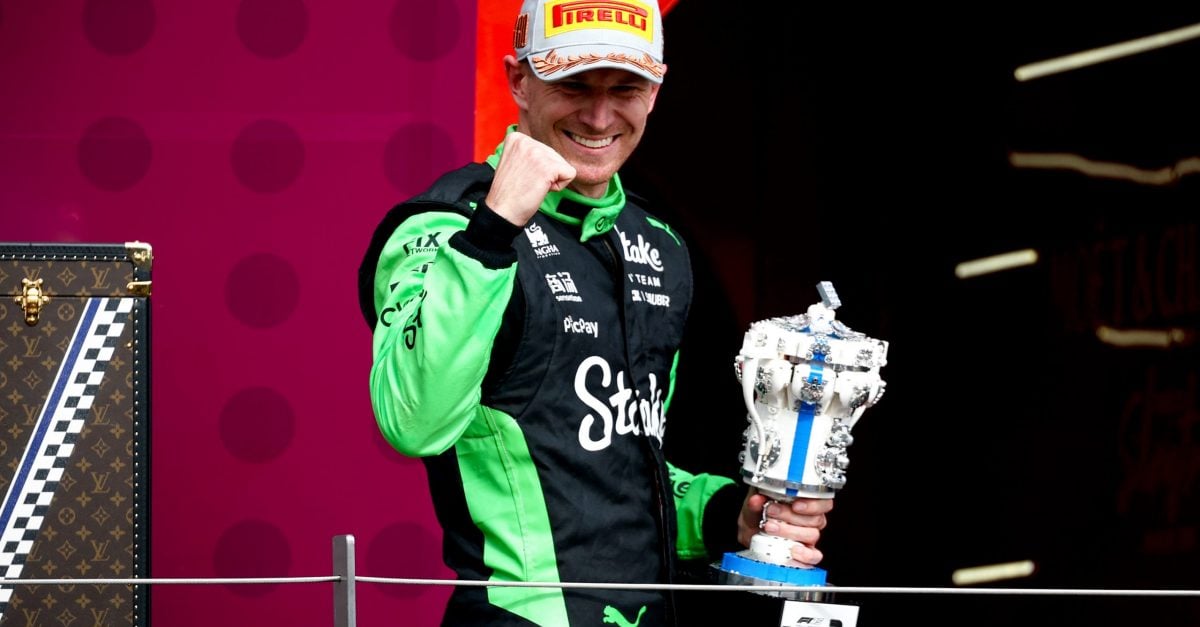 NORTHAMPTON, ENGLAND - JULY 06: Third placed Nico Hulkenberg of Germany and Stake F1 Team Kick Sauber on the podium with his trophy during the F1 Grand Prix of Great Britain at Silverstone Circuit on July 06, 2025 in Northampton, England. (Photo by Clive Rose/Getty Images)