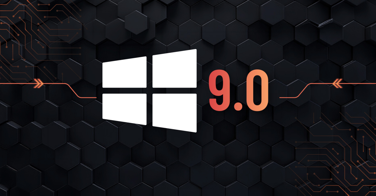 White Windows logo beside orange 9.0 text on a dark hexagonal tech backdrop.