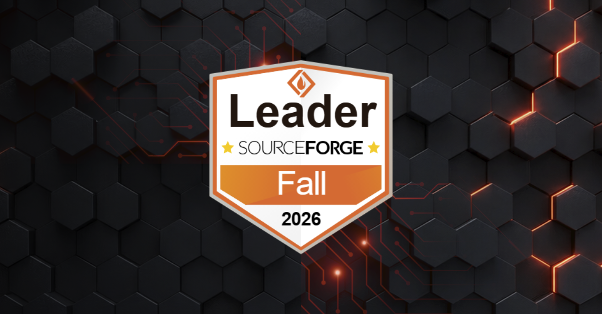 Leader SourceForge Fall 2026 badge on a dark hex grid with orange circuitry accents.