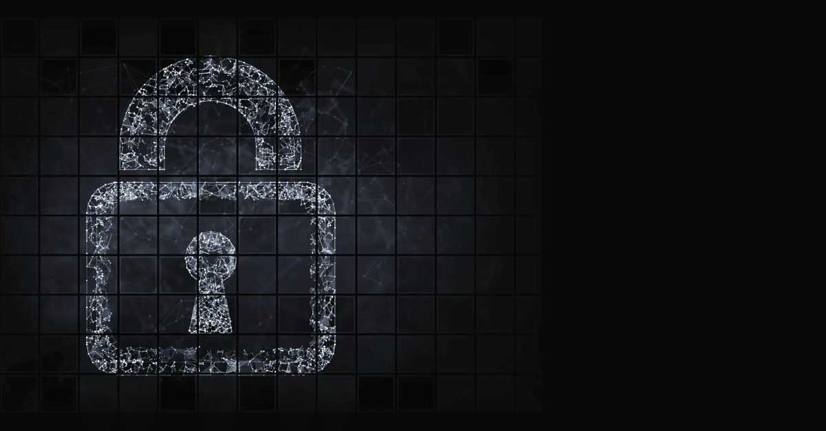 Digital tile based artwork of a padlock designed out of white dots and lines of networks.