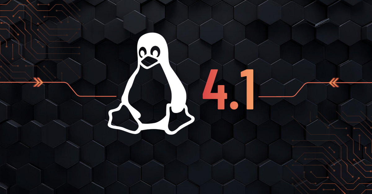 Linux penguin logo beside the orange '4.1' on a dark hexagon tech background with circuit accents (banner image)