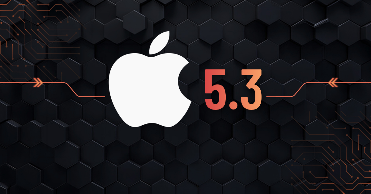 White Apple logo with the bold orange '5.3' on a dark hexagon tech background with circuit lines to the left and right.