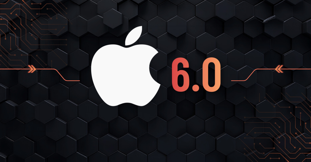 Apple logo with the orange 6.0 text on a dark hexagonal tech background