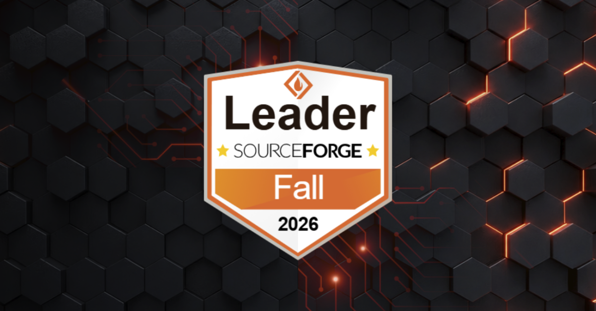 SourceForge Leader Fall 2026 badge centered on a dark hexagon background with orange accents.