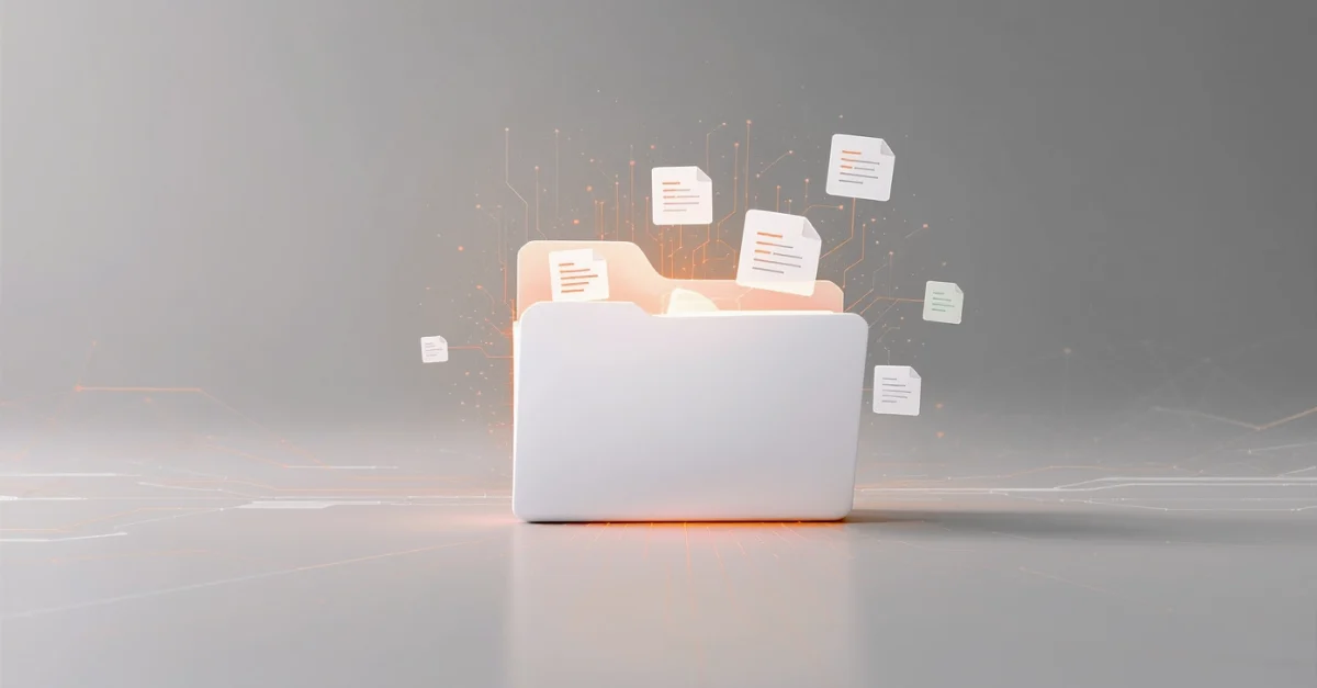 White laptop with glowing orange data documents floating above, symbolizing data transfer and cloud storage.