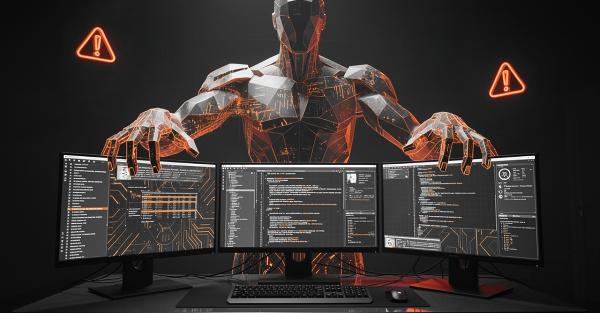 Futuristic robotic figure looming over a three-monitor coding workstation with glowing orange warning signs in the background.