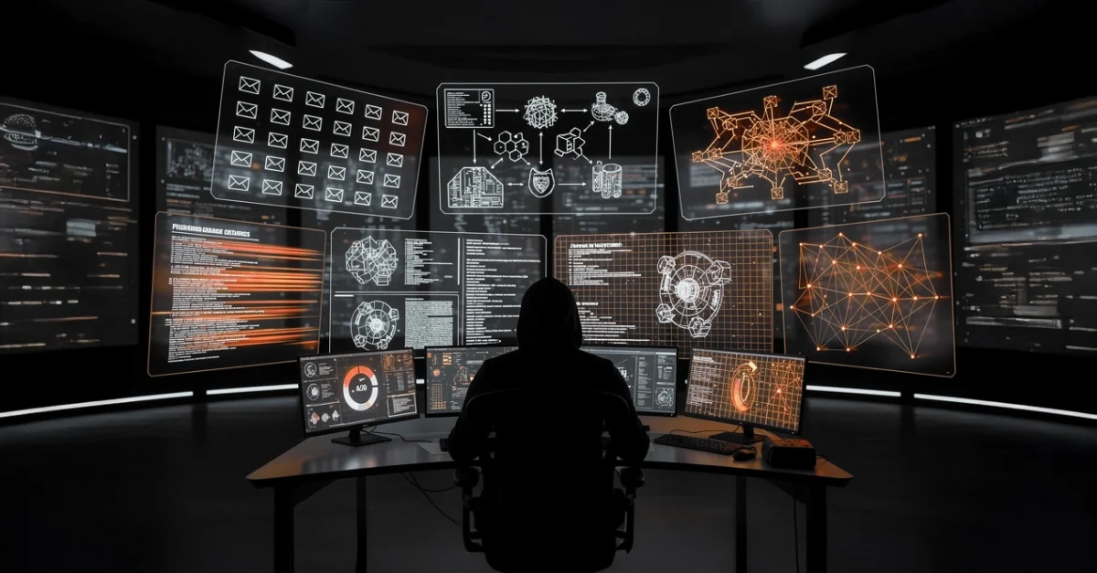 Person wearing a hoodie sits at a desk in a dark room, surrounded by glowing holographic screens with charts and diagrams (cyber/control room scene).