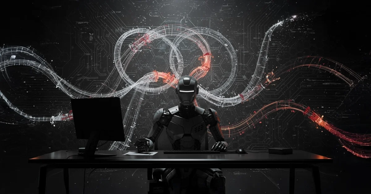 Humanoid black robot seated at a desk with a monitor, keyboard, and papers against a dark, circuit‑themed backdrop.