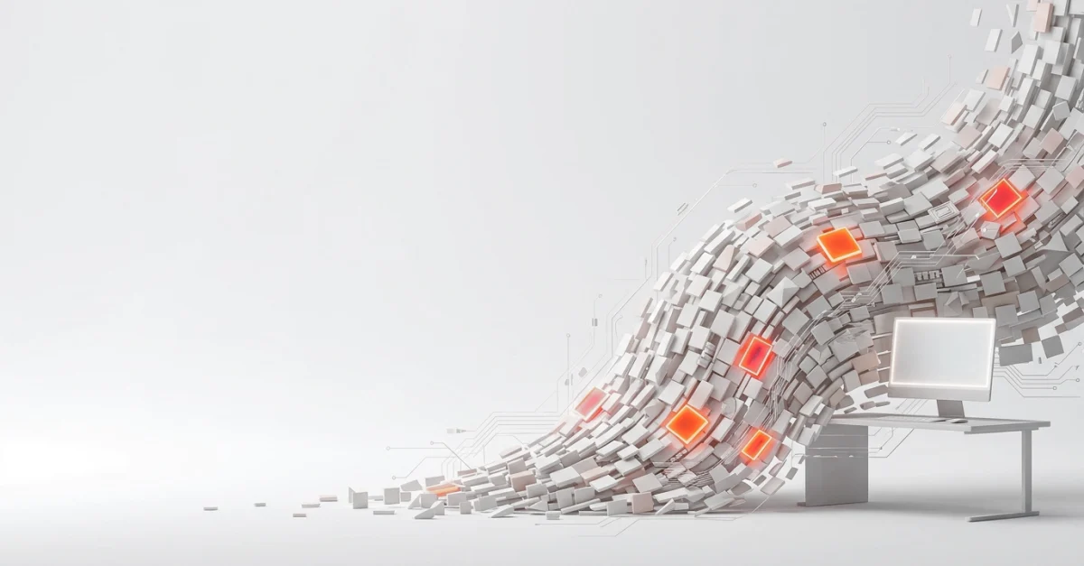 Abstract wave of white cubes and glowing orange nodes flowing toward a desk with a monitor, symbolizing data processing.﻿