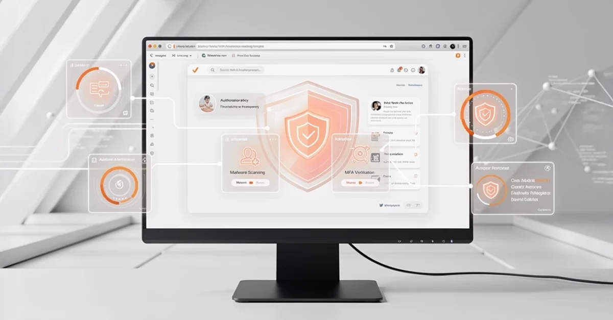 Monitor displaying a futuristic cybersecurity dashboard with orange shield icons and interconnected UI panels in a bright, sterile room.