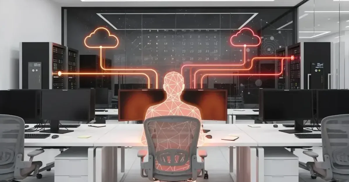 Futuristic data center: a glowing mesh humanoid at a workstation connected by neon lines to cloud icons and server racks in the background.